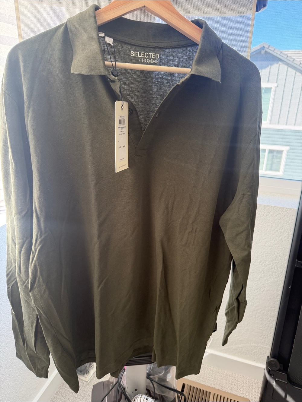 SELECTED HOMME Olive Green Long-Sleeve Polo Shirt